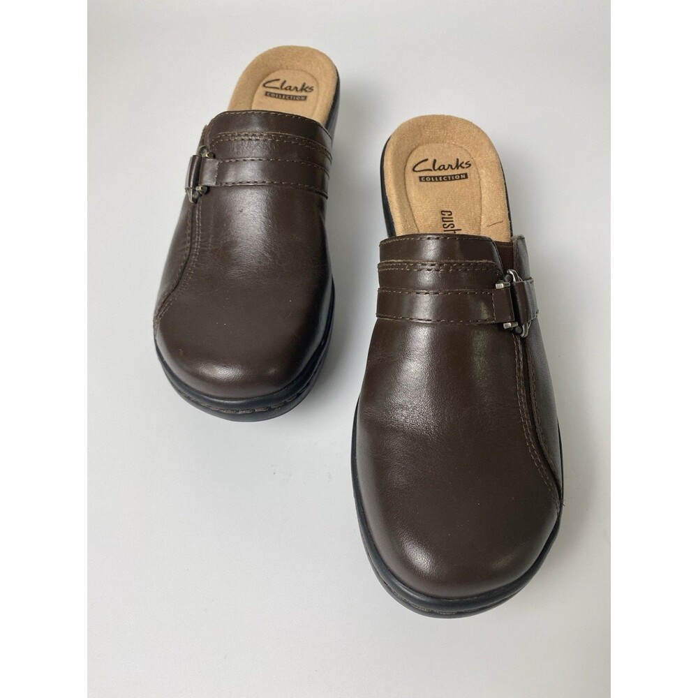 Clarks Women’s Slip On Brown Leather Mules 6.5 M Cushion Comfort Walking Shoes